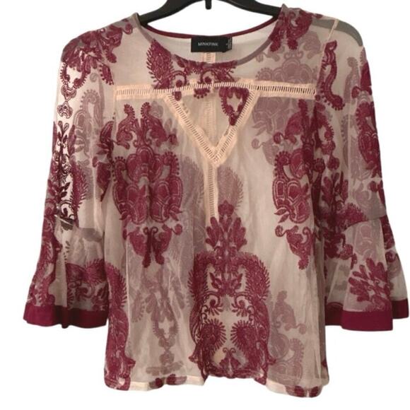 MINK PINK Sweetest Sound Sheer Mesh Embroidered Bell Sleeve Top Wine-Blush Sm - Picture 2 of 8
